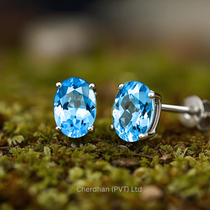 Close-up of a 1.2 carat three stone blue topaz matching stud earrings on a white background