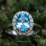 High-quality image of 3 Carat Blue Topaz Halo Ring, natural close-up NGJA Certified – Buy Now