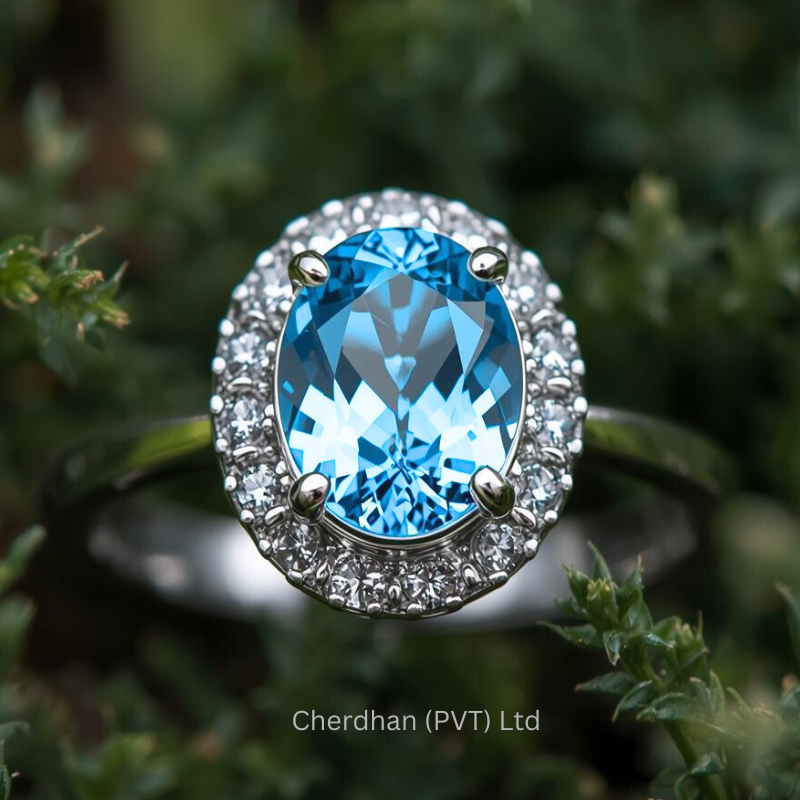 High-quality image of 3 Carat Blue Topaz Halo Ring, natural close-up NGJA Certified – Buy Now
