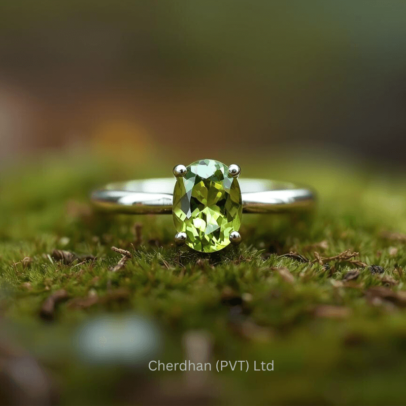 Elegant Peridot Solitaire Ring Jewelry Elegant solitaire peridot ring made from sterling silver displayed on a natural background.