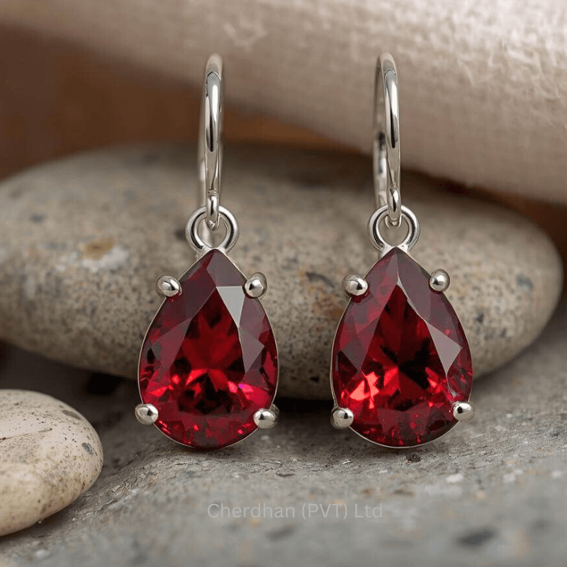Elegant Red Garnet Teardrop Earrings in solver Close-up of elegant red garnet teardrop earrings dangling from a silver setting, showcasing their brilliant sparkle.
