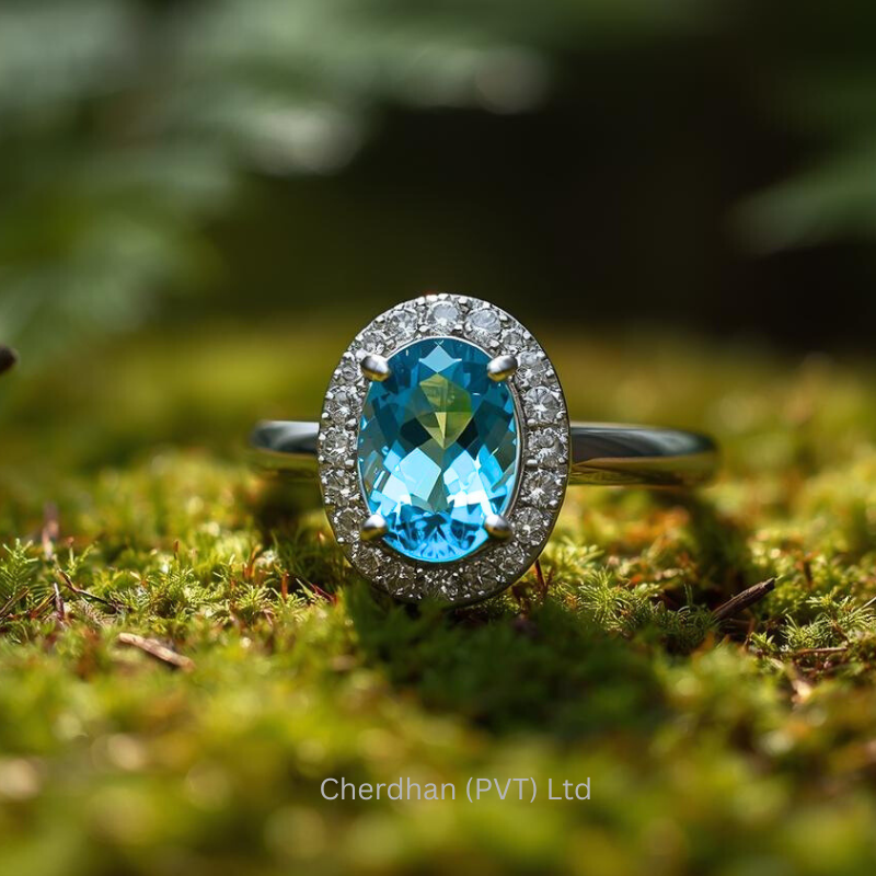 Halo Ring 3 Carat Oval Blue Topaz 925 Silver Close-Up – Buy Now