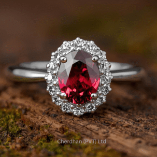 Close-up view of Halo Ring with 3 Carat Oval Garnet set in 925 silver band