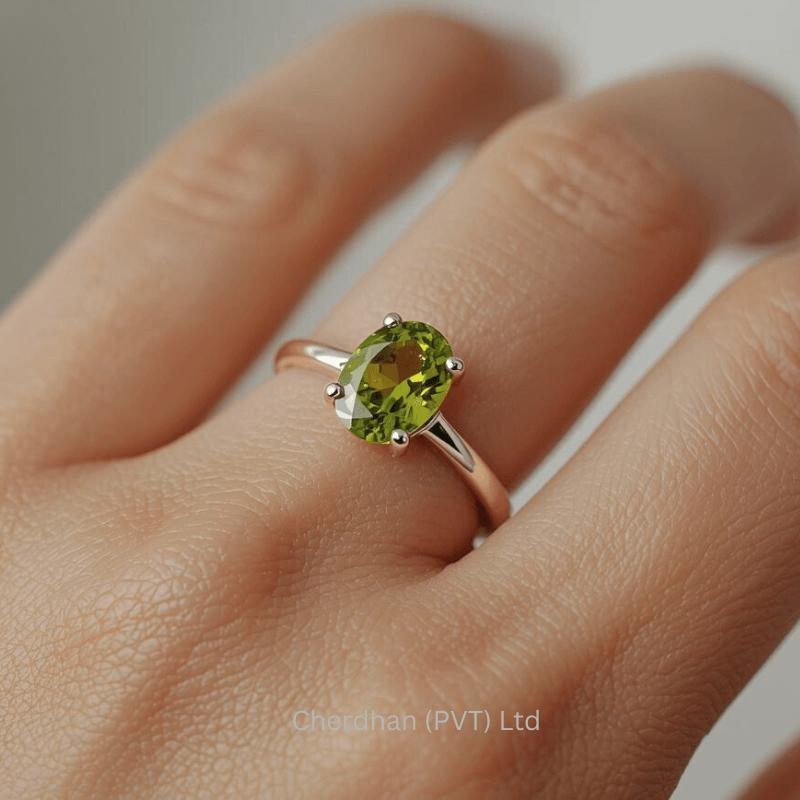 Handcrafted Green Peridot Gemstone Ring Handcrafted peridot gemstone ring showing its natural color and clarity in soft lighting.