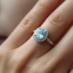 Luxury Halo Ring with vibrant Blue Topaz gemstone, silver band