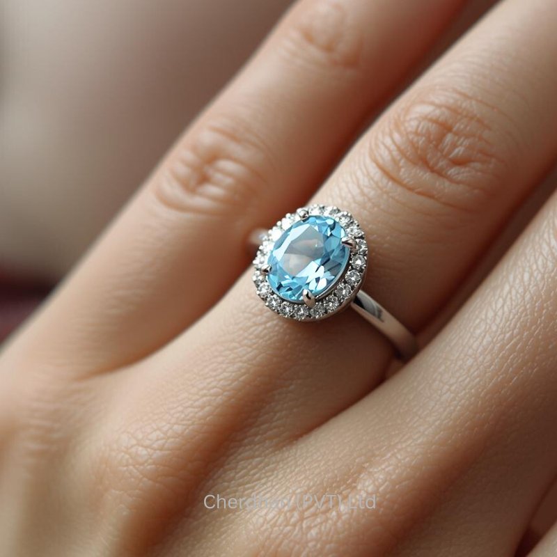 Luxury Halo Ring with vibrant Blue Topaz gemstone, silver band