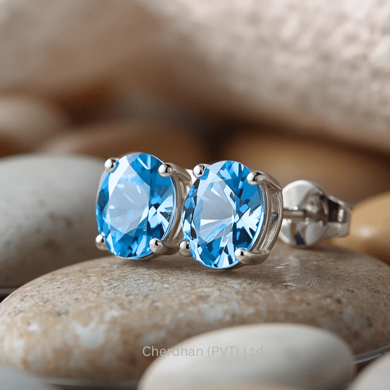Female model wearing the three stone blue topaz and matching stud earrings