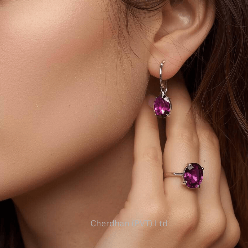 Model Wearing Teardrop Garnet Earrings Close Up
