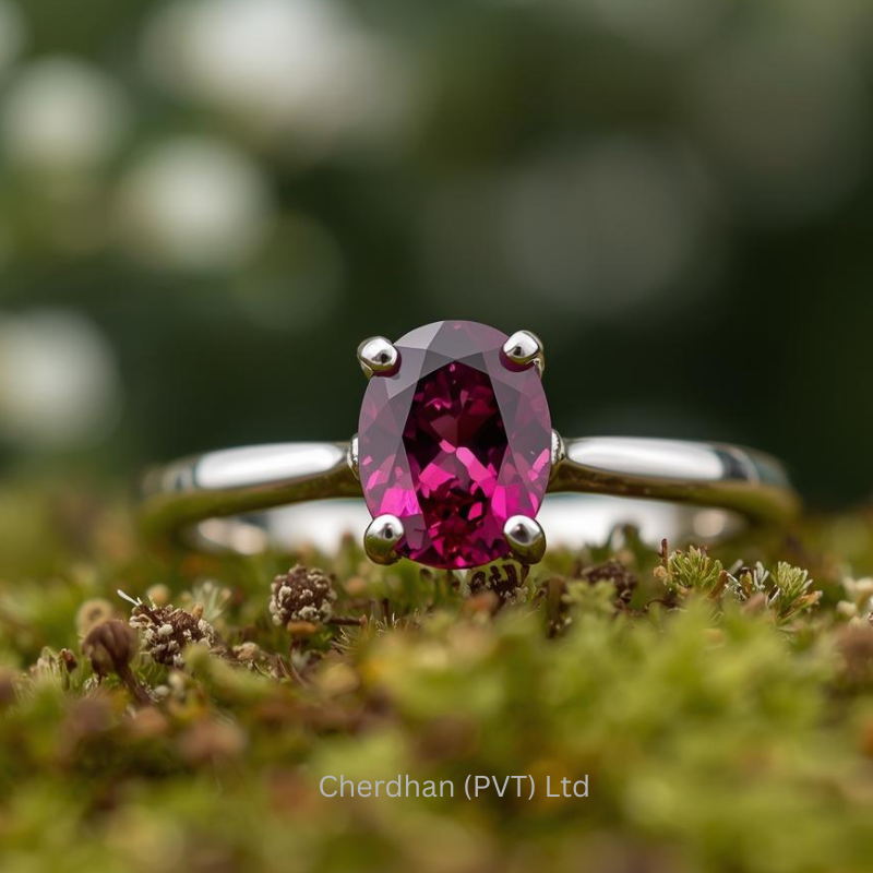 Natural 2.5 carat oval rhodolite garnet ring with polished sterling silver band