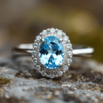 Close-up of Halo Ring with 3 Carat Oval Blue Topaz in 925 Silver 🥈 Handcrafted Design – Buy Now