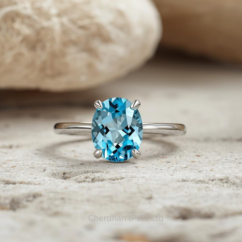 Beautiful handcrafted blue topaz ring showing its facets and clarity in natural lighting