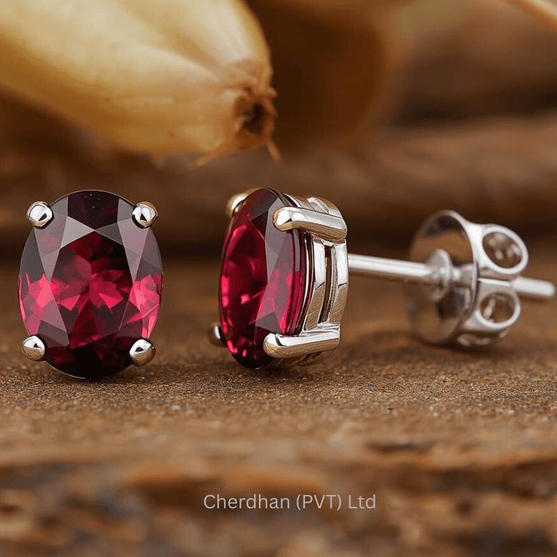 Close-up of natural garnet stud earrings set in 925 sterling silver