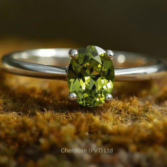 Close-up of a natural peridot ring set in polished 925 sterling silver with a vibrant green gemstone.