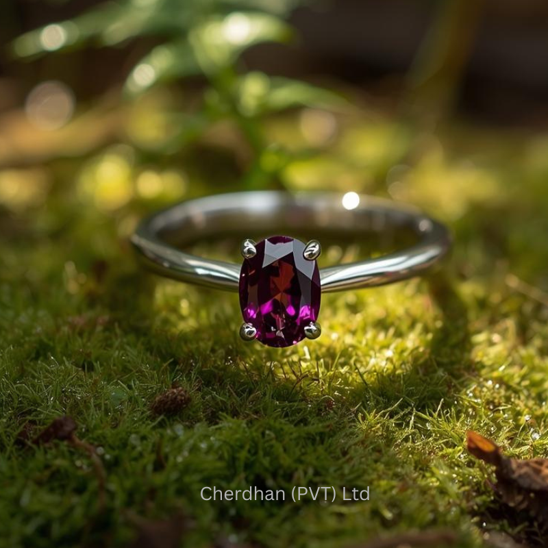 Woman wearing a handcrafted rhodolite garnet ring showing natural beauty and shine