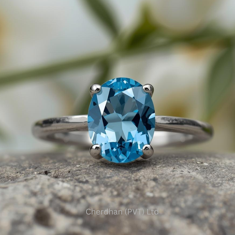 Close up of a solitaire blue topaz ring crafted from 925 sterling silver with a natural unenhanced gemstone