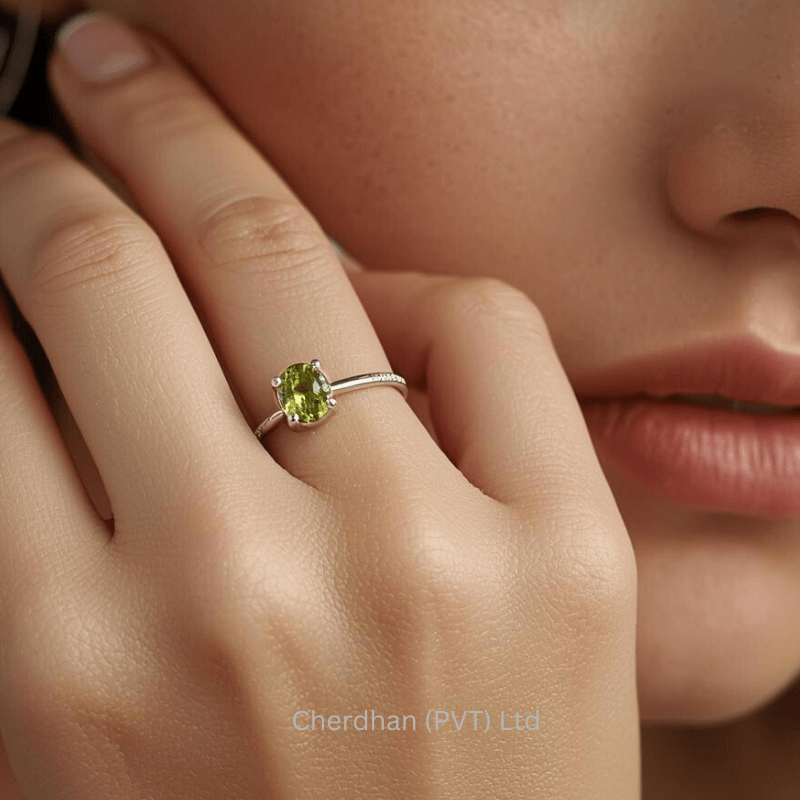 Standing Peridot Ring Close Up Natural Light Standing peridot ring photographed in natural light showing fine craftsmanship and detail.
