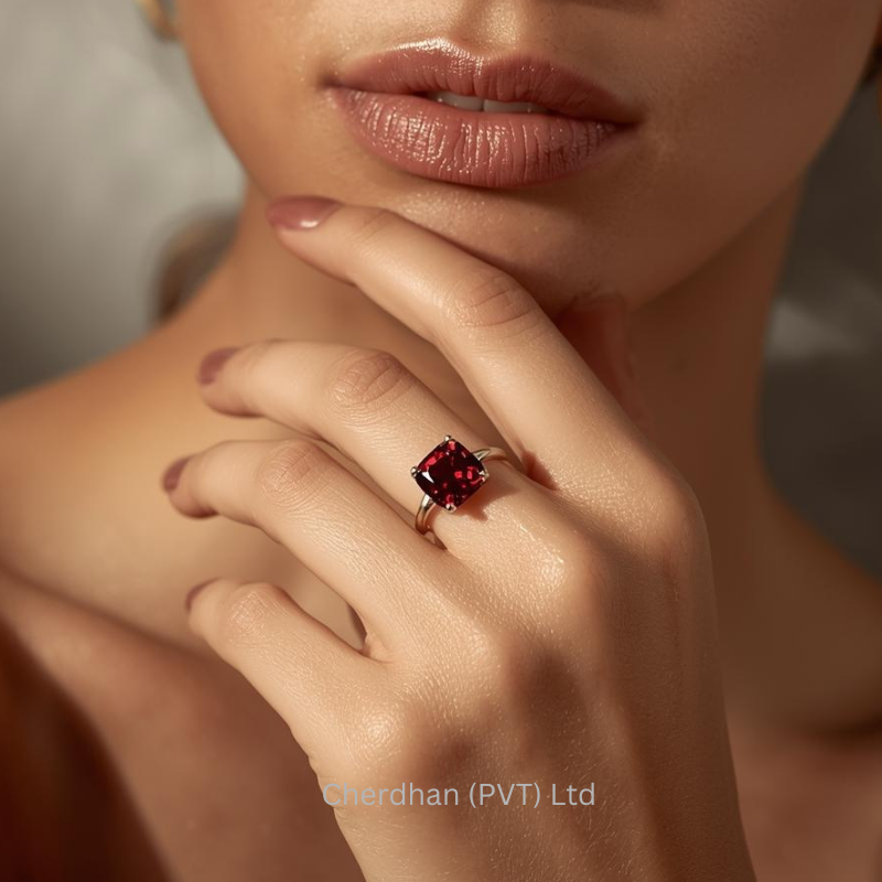 Close-up of a 1-carat red Cushion-cut Tourmaline ring on a woman's hand, highlighting the rich green color and sparkling gemstone for luxury jewelry