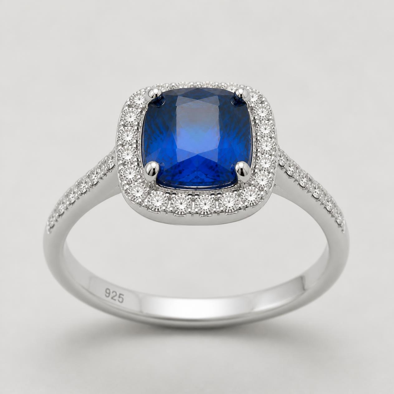 Cushion Cut Blue Spinel Halo Ring in 925 Silver